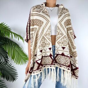 Womens Beige Aztec Bohemian Western Sweater Cardigan Fall Hooded Poncho / S/M